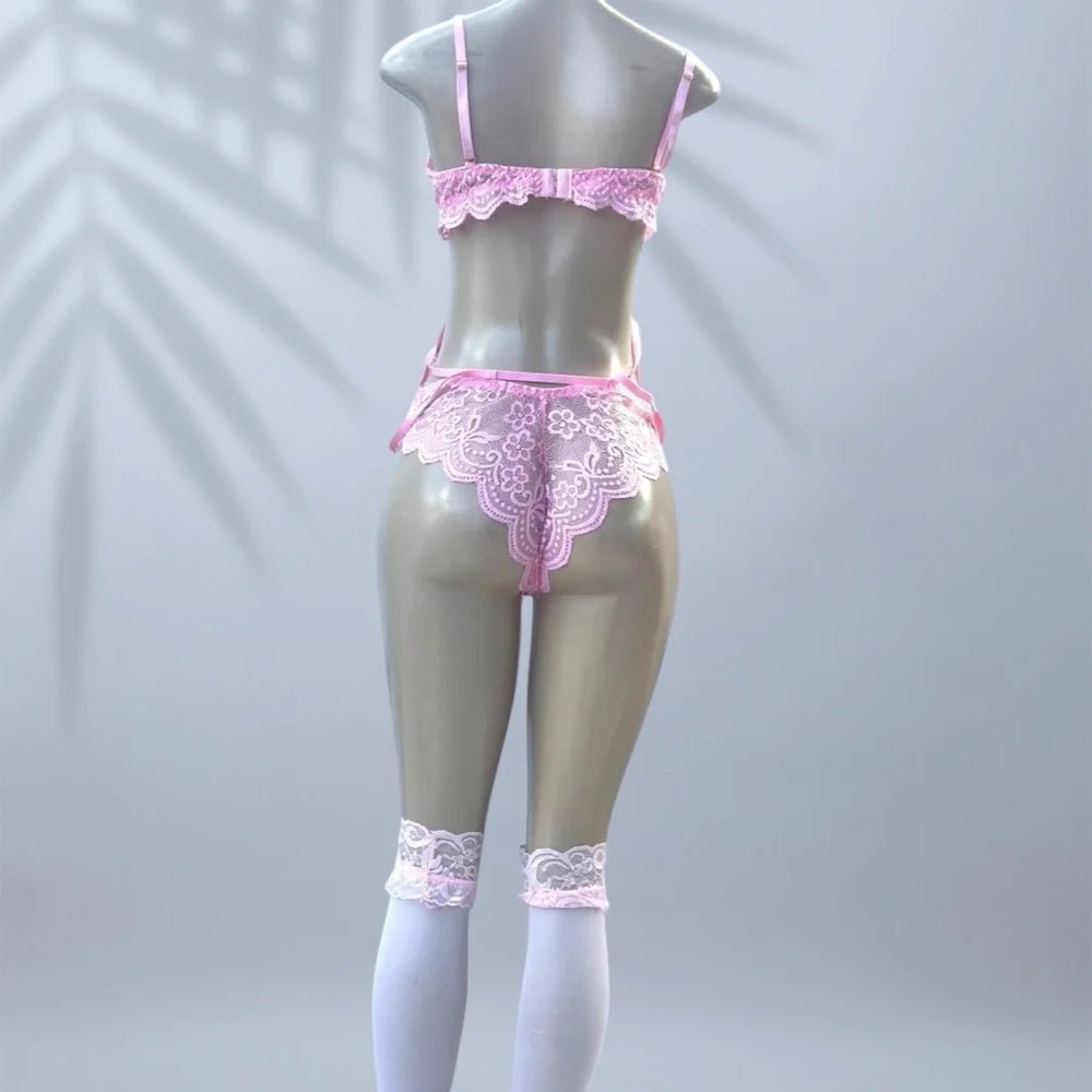 Heart Charm Lace Strappy Teddy Lingerie in Pink ✧ S